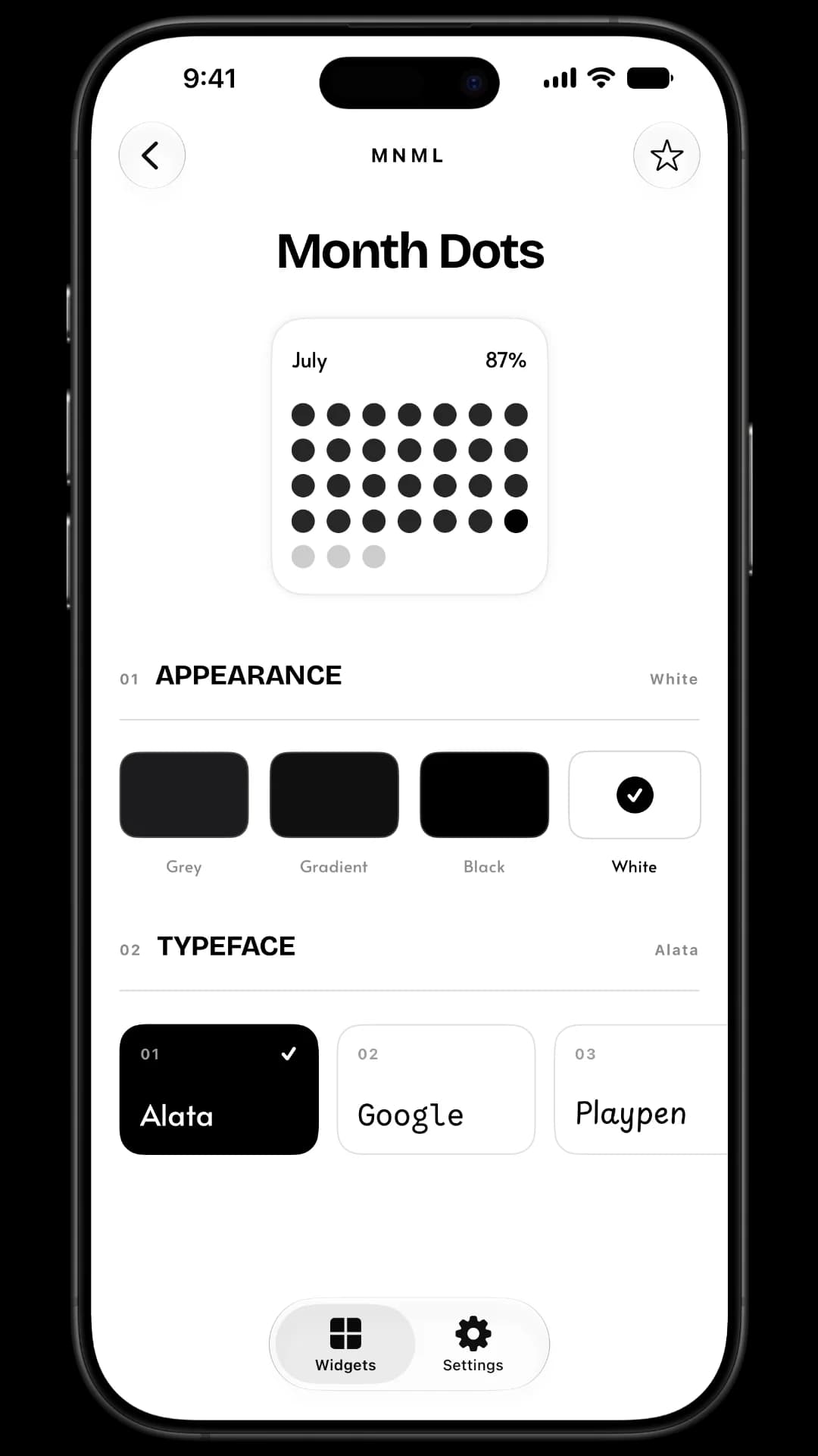 MNML widget customization screen