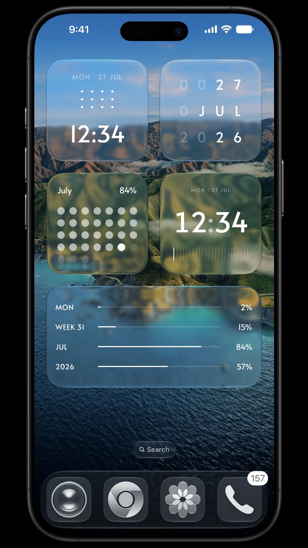 MNML widgets added to an iPhone Home Screen in liquid glass mode