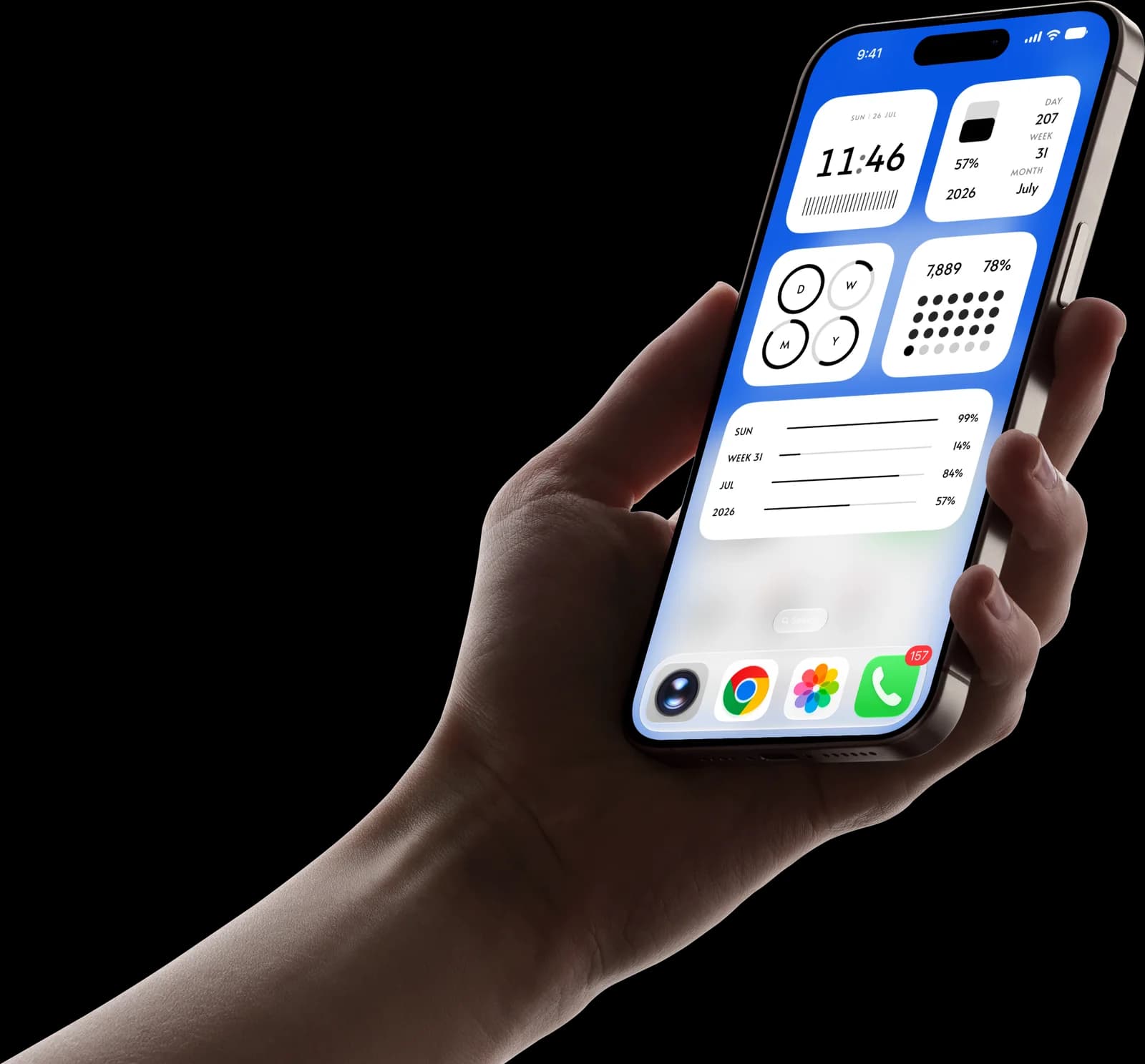 MNML widgets on an iPhone held in hand